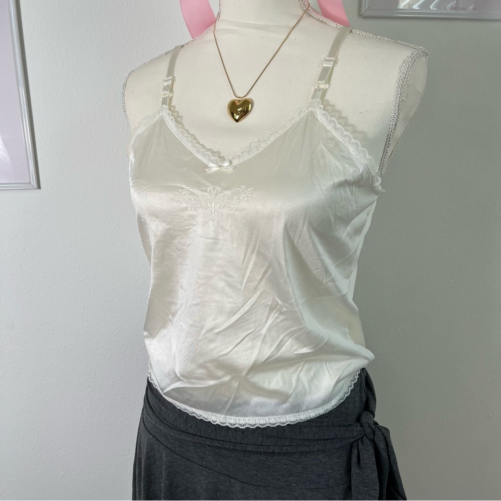 Vintage 90s White Butterfly Cami Slip Top Nylon Womens Size‎ Small